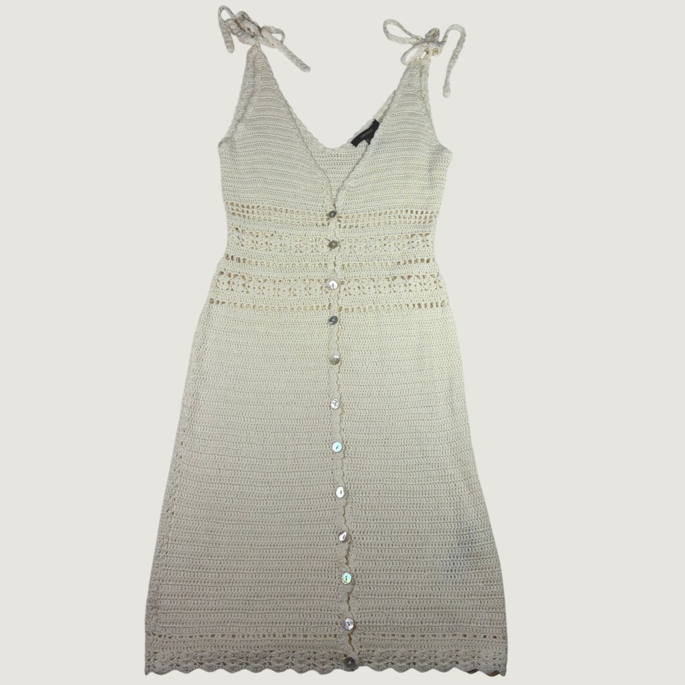 Forever 21 Crochet Midi Dress Boho Button Front Ivory Cream Coastal Festival S